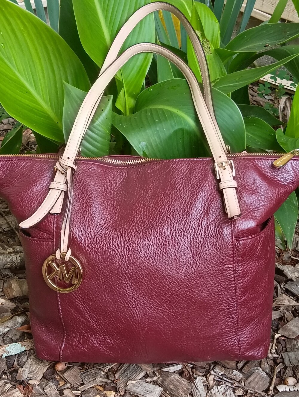 Michael Kors Jet Set Burgundy Pebble Leather Tote with Tan Straps